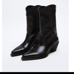 Zara Black Leather Heeled Ankle Cowboy Boots NWT Size 6